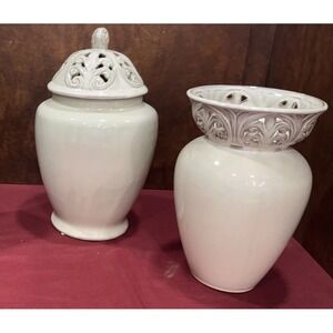 White Ceramic Vases and Lidded Urn